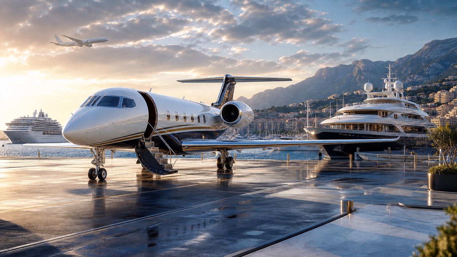 Private jet and yacht prepared for a tailored international journey