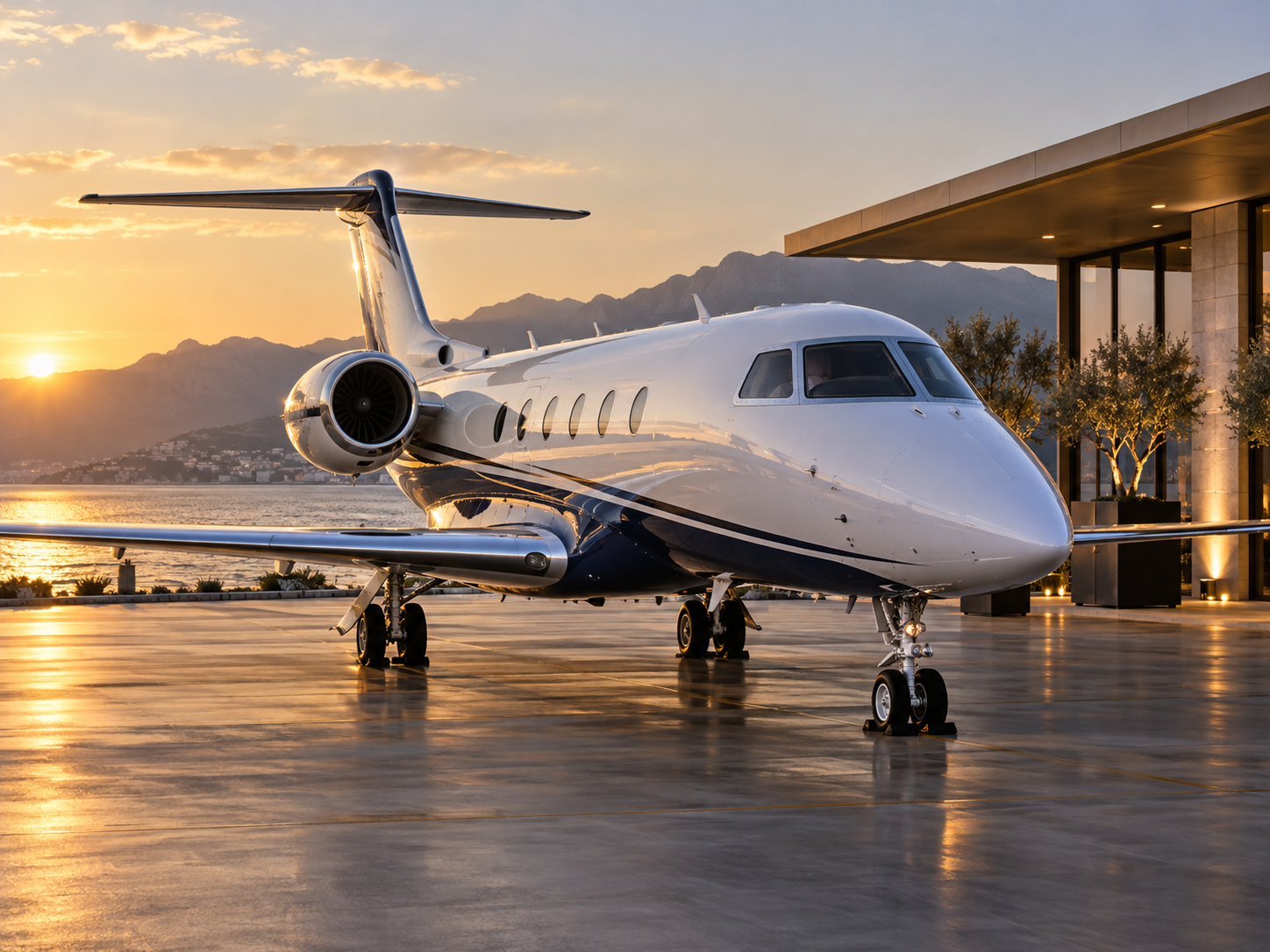 Midsize private jet at a private terminal